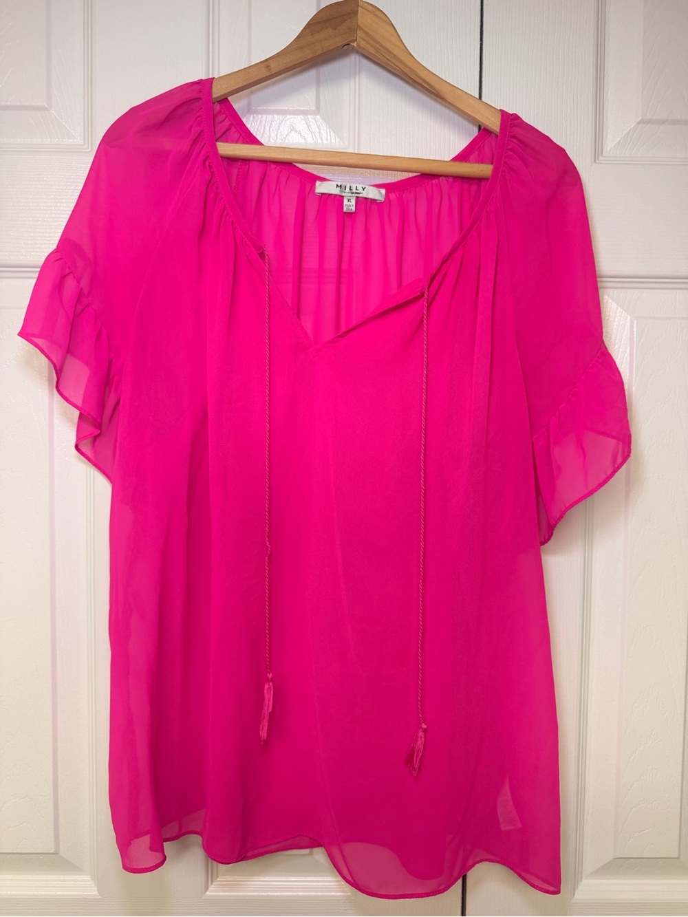 Milly Fuchsia Pink Sheer Blouse XLChiffon Flutter Sleeve Office Tassel Tie Date